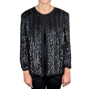 ADRIANNA PAPELL Y2K BLACK SILK BEAD SEQUIN EMBELLISHED HOLIDAY EVENING JACKET